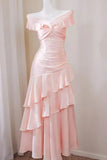 Pretty Pink A-Line Ruffle Off-Shoulder Tiered Maxi Prom Dress-Tirdress