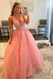 Princess A Line Deep V Neck Blush Long Prom Dress with Appliques TP1244