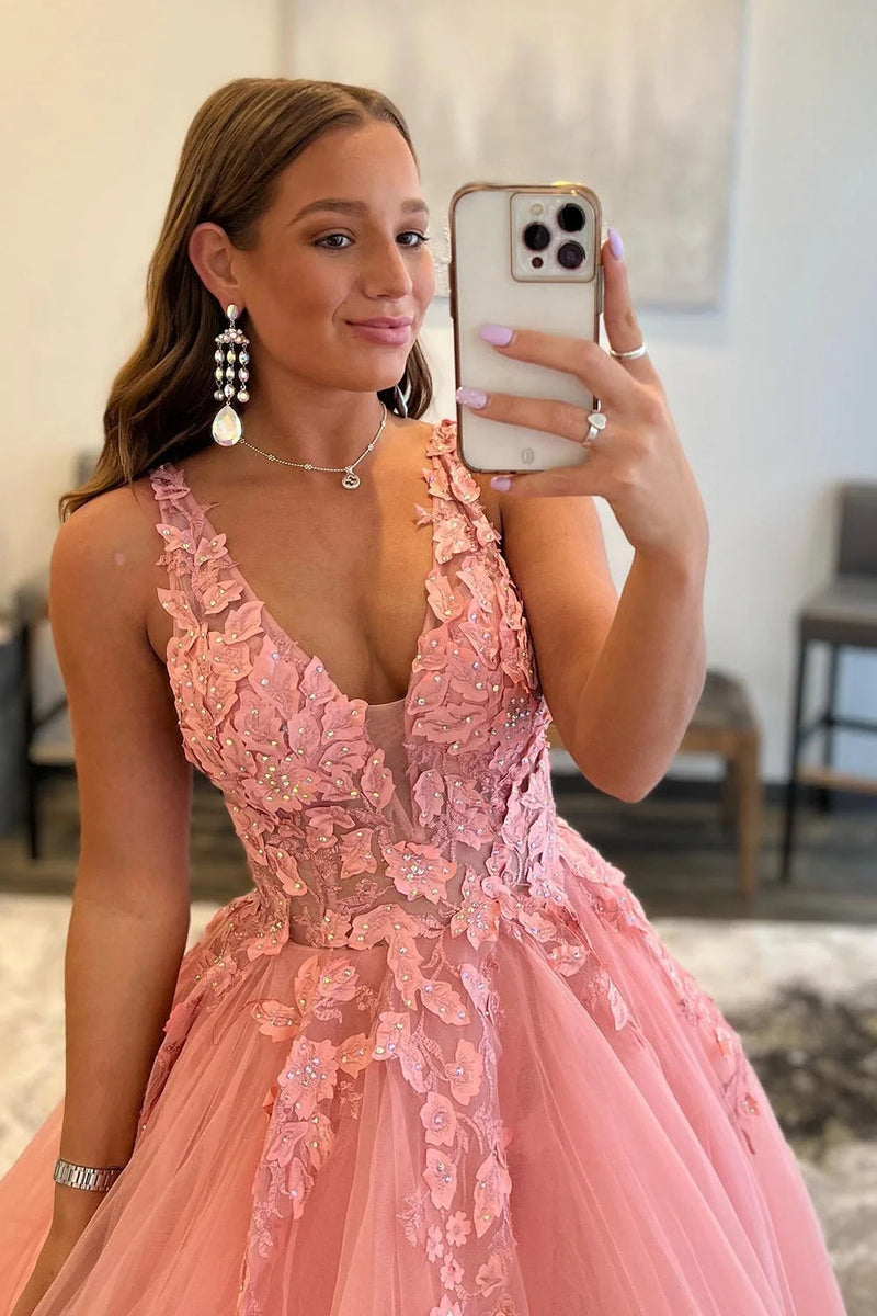 Princess A Line Deep V Neck Blush Long Prom Dress with Appliques TP1244-Tirdress