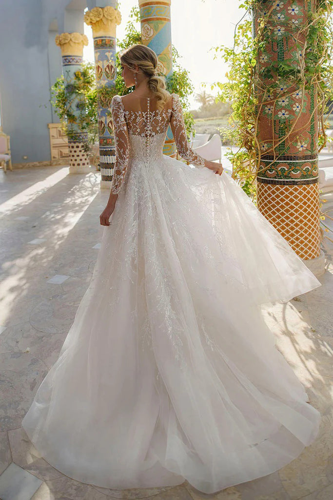 Princess A Line Long Sleeves Lace Appliques Bohemian Wedding Dress TN388-Tirdress