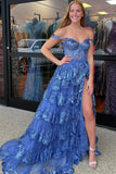 Princess Lace Tiered Blue Prom Dress With Lace Ruffles TP1288