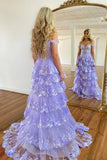 Princess Lace Tiered Blue Prom Dress With Lace Ruffles TP1288-Tirdress