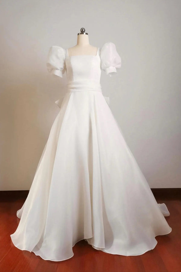 Puff Sleeve Square Neck Organza Corset Vintage Wedding Dress-Tirdress
