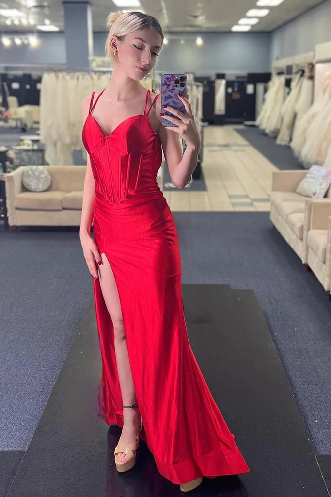 Red Corset Spaghetti Strap Mermaid Long Prom Dress with Slit TP1235-Tirdress