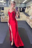 Red Corset Spaghetti Strap Mermaid Long Prom Dress with Slit TP1235
