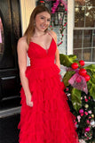 Red Layers A-line Plunging V Neck Long Prom Dress TP1267