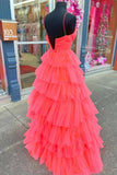 Red Layers A-line Plunging V Neck Long Prom Dress TP1267-Tirdress