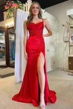 Red Spaghetti Strap Appliques Mermaid Long Dress with Slit TP1234