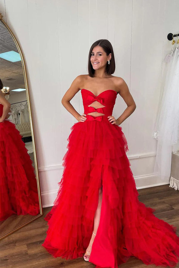Beaded Red Lace & Tulle V Neck Fashion Prom Dress - Promfy