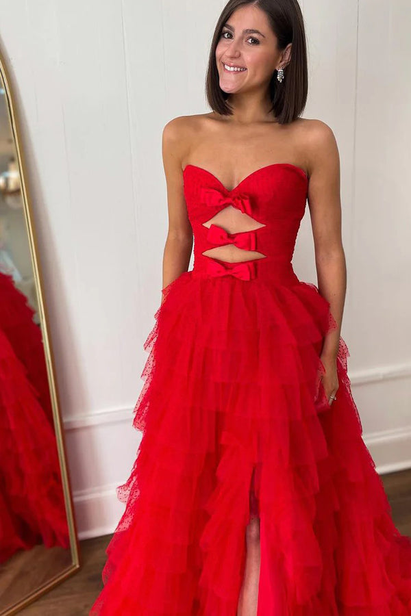 Sequin Strapless Red A-Line Ruffle Prom Dress with Slit