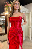 Red Strapless Ruched Mermaid Long Prom Dress with Slit TP1240-Tirdress