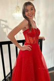 Red Straps Beaded A-Line Sparkly Prom Dress with Slit TP1276