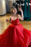 Red Straps Beaded A-Line Sparkly Prom Dress with Slit TP1276