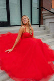 Red Straps Beaded A-Line Sparkly Prom Dress with Slit TP1276