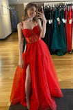 Red Straps Beaded A-Line Sparkly Prom Dress with Slit TP1276