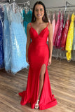 Red V-Neck Open Back Mermaid Long Prom Dress with Slit TP1233