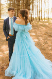 Ruffles Off the Shoulder A-line Long Corset Prom Dress TP1317-Tirdress