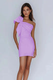 Satin One Shoulder Ruched Short Lilac Tight Homecoming Dress with Bow-Tirdress