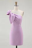 Satin One Shoulder Ruched Short Lilac Tight Homecoming Dress with Bow-Tirdress