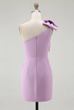 Satin One Shoulder Ruched Short Lilac Tight Homecoming Dress with Bow-Tirdress