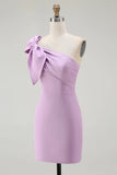 Satin One Shoulder Ruched Short Lilac Tight Homecoming Dress with Bow-Tirdress