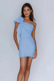 Satin One Shoulder Ruched Short Lilac Tight Homecoming Dress with Bow-Tirdress