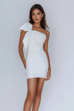 Satin One Shoulder Ruched Short Lilac Tight Homecoming Dress with Bow-Tirdress