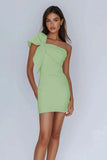 Satin One Shoulder Ruched Short Lilac Tight Homecoming Dress with Bow-Tirdress