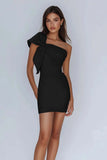 Satin One Shoulder Ruched Short Lilac Tight Homecoming Dress with Bow-Tirdress