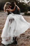 See Through A-line Deep V Neck Tulle Rustic Wedding Dress-Tirdress