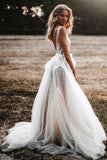 See Through A-line Deep V Neck Tulle Rustic Wedding Dress-Tirdress