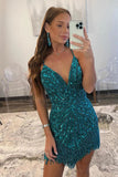 Sequins Sheath Spaghetti Straps Peacock Blue Homecoming Dress TN440-Tirdress