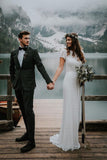 Sheath Short Sleeves Floor-Length Lace Beach Wedding Dress TN152