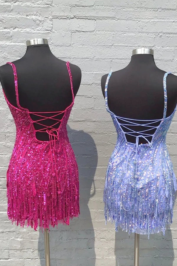 Sheath Gold/Blue Straps Sequins Short Homecoming Dress with Tassel TN443-Tirdresses