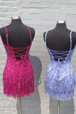 Sheath Gold/Blue Straps Sequins Short Homecoming Dress with Tassel TN443-Tirdresses
