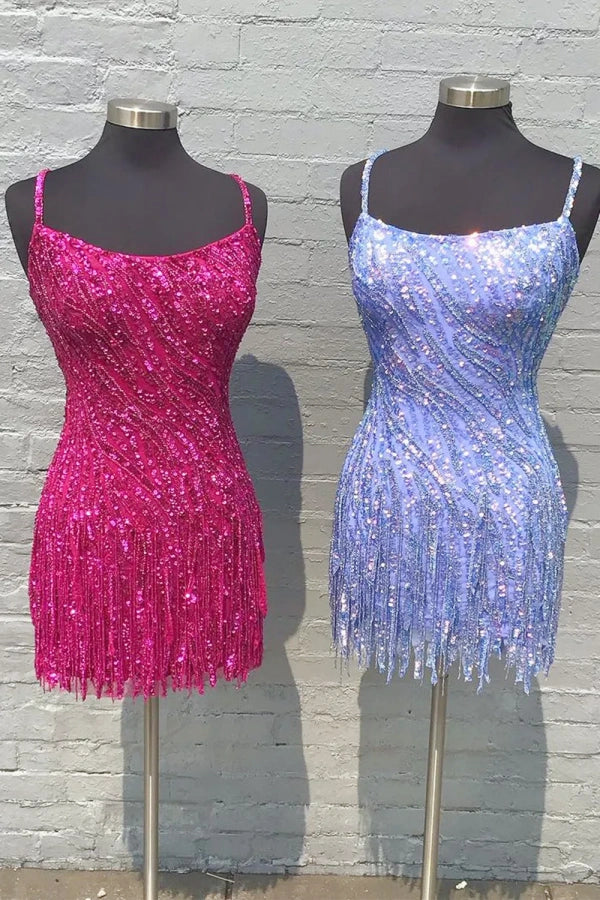 Sheath Gold/Blue Straps Sequins Short Homecoming Dress with Tassel TN443-Tirdresses