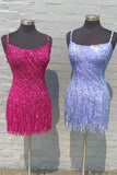Sheath Gold/Blue Straps Sequins Short Homecoming Dress with Tassel TN443-Tirdresses
