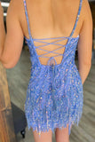 Sheath Gold/Blue Straps Sequins Short Homecoming Dress with Tassel TN443-Tirdresses
