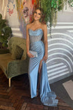 Sheer Empire Satin Mermaid Split Long Prom Dress With Train