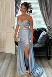 Sheer Empire Satin Mermaid Split Long Prom Dress With Train
