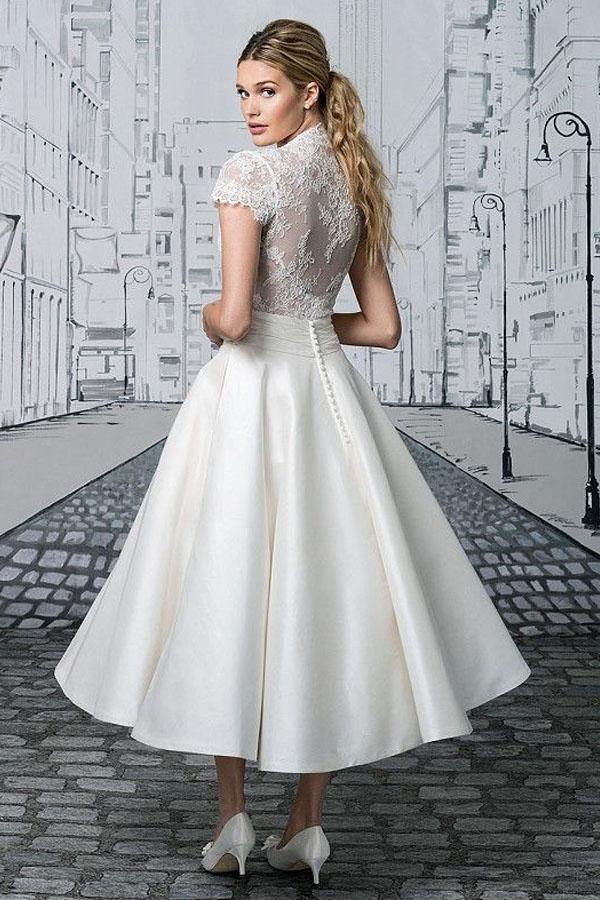 Short Wedding Dresses V-Neck Lace Tea-Length Ivory Modest Bridal Gown TN351-Tirdress