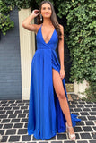 Simple A Line Deep V Neck Royal Blue Long Prom Dress with Split TP1249