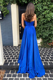 Simple A Line Deep V Neck Royal Blue Long Prom Dress with Split TP1249-Tirdress