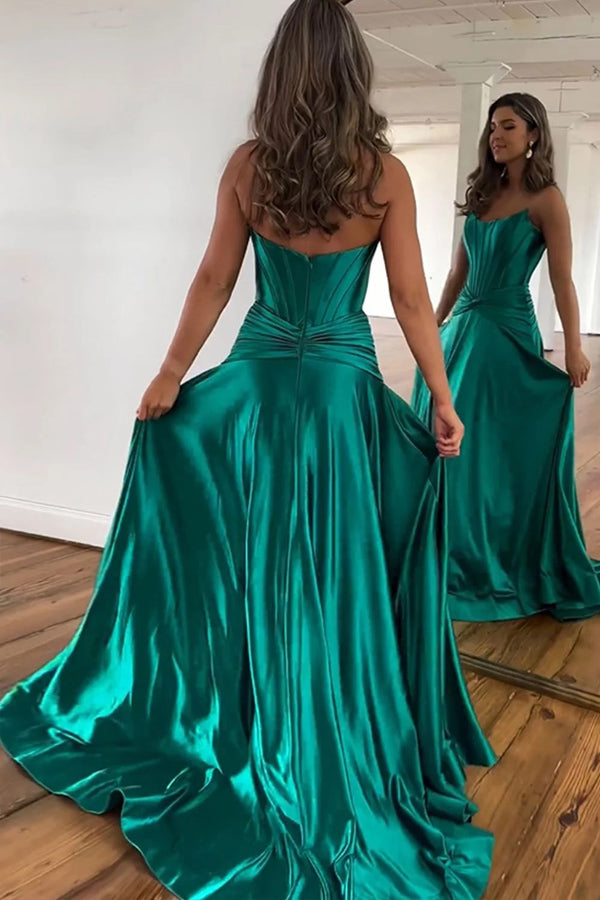 Simple A Line Strapless Green Corset Prom Dress with Split TP1275-Tirdress
