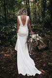 Deep V-Neck Sleeveless Ivory Simple Wedding Dress With Court Train-Tirdress