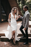 Deep V-Neck Sleeveless Ivory Simple Wedding Dress With Court Train-Tirdress
