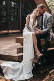 Deep V-Neck Sleeveless Ivory Simple Wedding Dress With Court Train-Tirdress