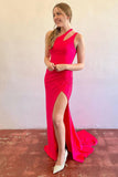 Robe de bal longue simple en satin rouge à une épaule et à manches longues TP1260