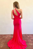Simple Mermaid Red Satin One Shoulder Long Prom Dress TP1260-Tirdress