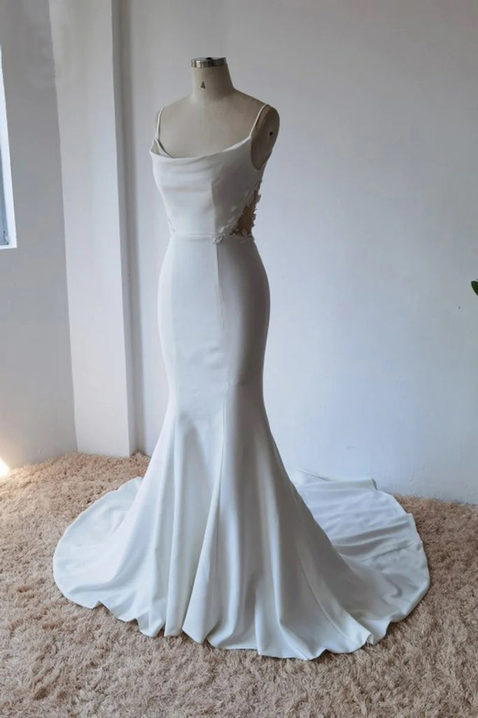 Simple Spaghetti Straps Satin Mermaid Ivory Wedding Dress Bridal Gown TN382-Tirdress